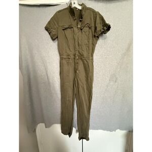 YFB Jumpsuit Womens Medium Green Twill Utility Short Sleeve Button Front Pockets